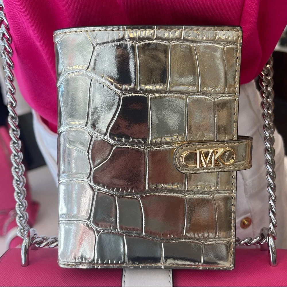 Michael Kors Empire Metallic Crocodile Embossed Leather Passport Wallet NWT